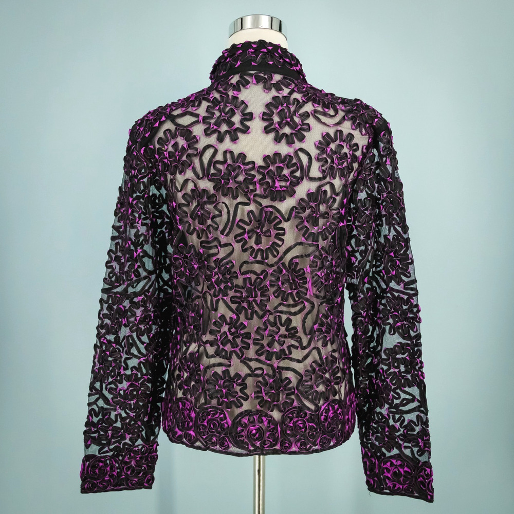 Damee Inc Size Large L Black Purple Ribbon Mesh Semi-Sheer Zip Dress Jacket - Picture 3 of 6